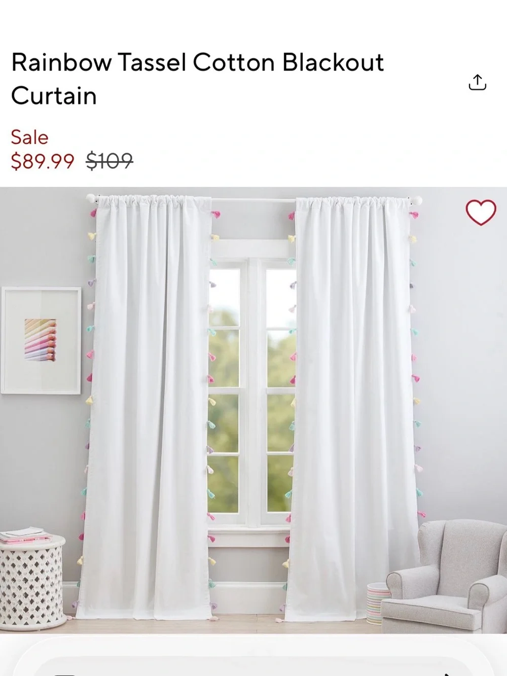 Pottery Barn Kids Rainbow Tassel Cotton Blackout Curtain - White